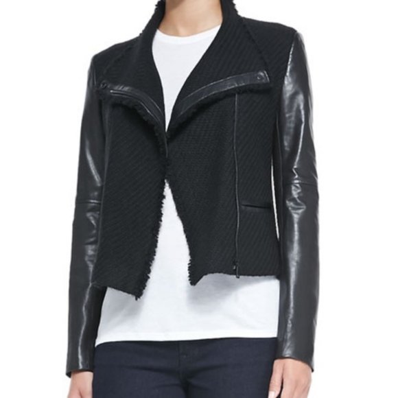 Vince Boucle Scuba Moto Jacket with Leather Sleeves Black Size XS - Picture 2 of 9